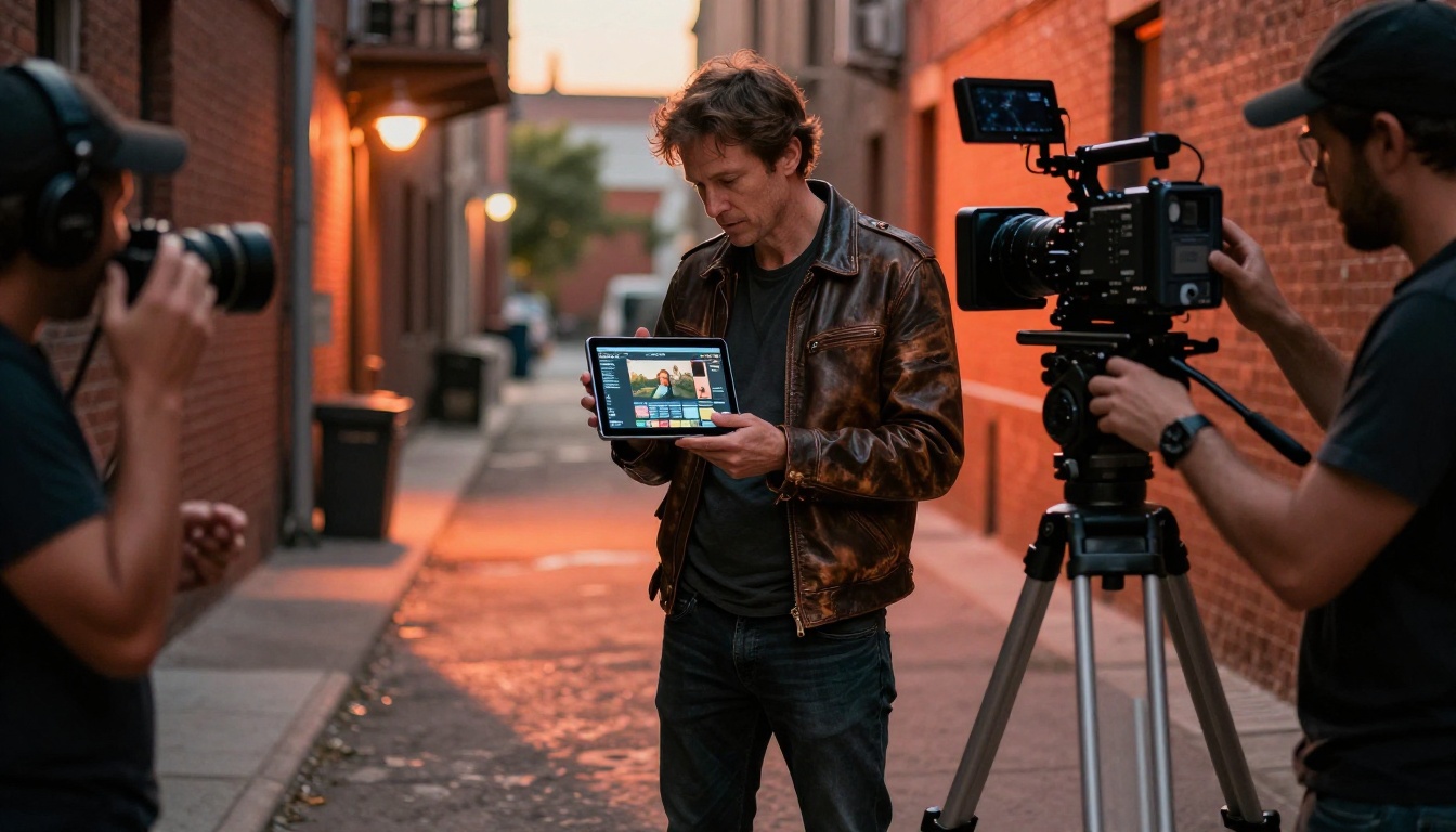 Film director previewing AI-generated shot composition on a tablet during a golden-hour urban location shoot