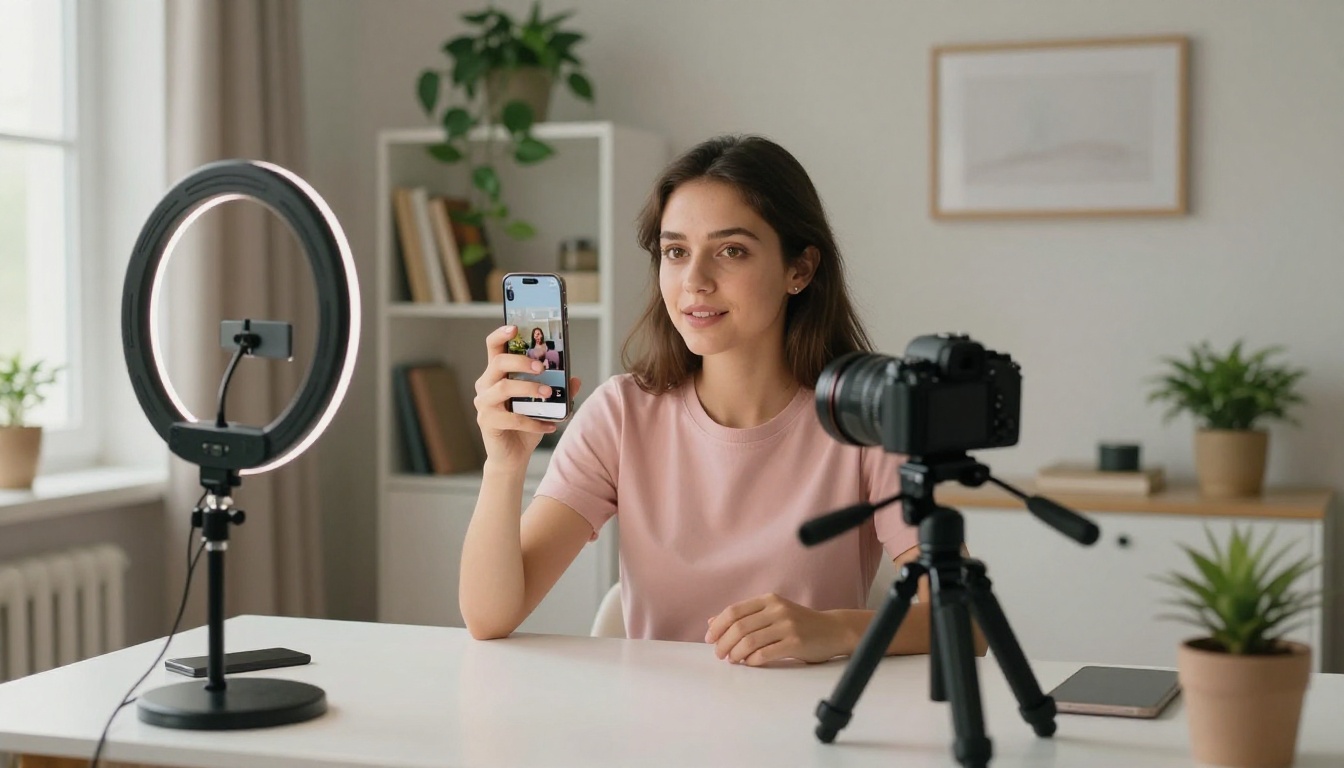 Young content creator recording short-form video content at a minimalist Scandinavian home studio setup