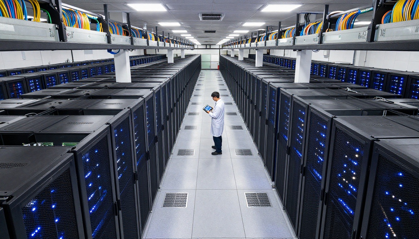 Aerial top-down view of a massive GPU server farm data center corridor powering AI video generation