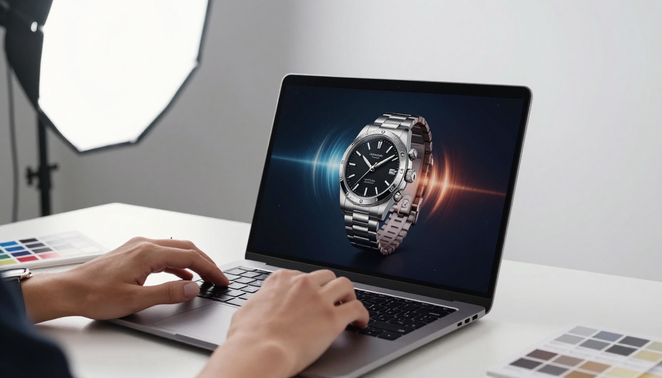 Product designer reviewing an AI-generated rotating product video on a studio laptop with a clean white background