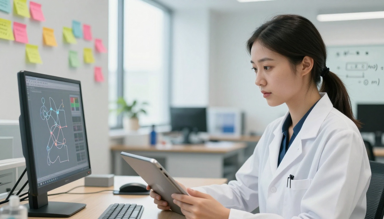 AI researcher studying neural network diagrams and video sequences in a modern lab with natural daylight