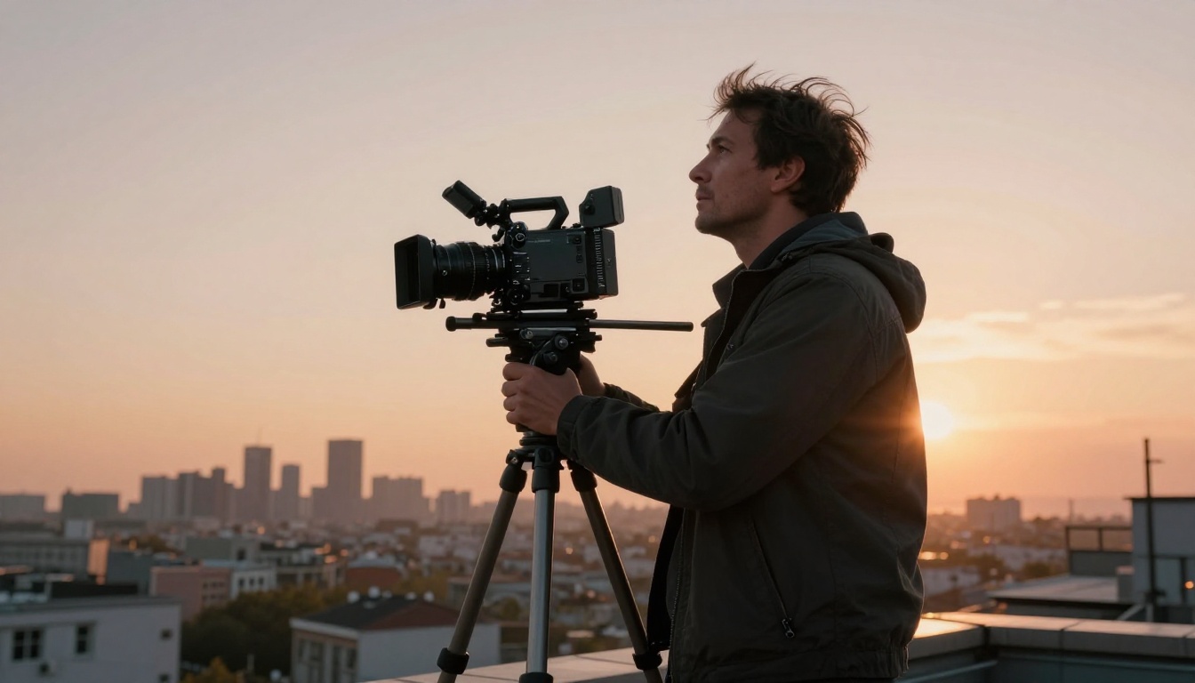 Professional camera operator on a rooftop at golden hour, city skyline stretching behind him, cinematic wide-angle perspective
