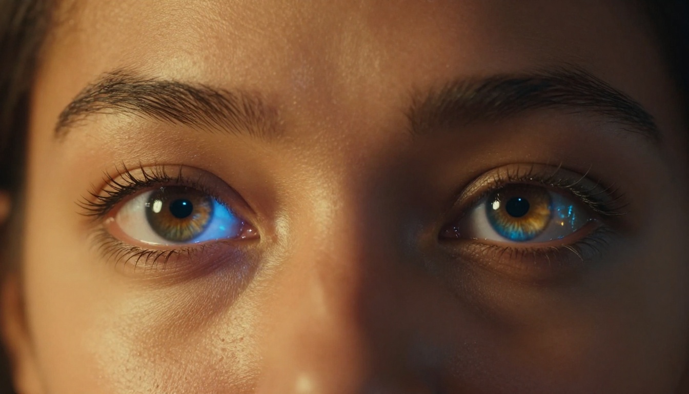 Extreme close-up of a woman's eyes with an AI-generated video scene reflected in her pupils, warm golden sidelight, ultra-detailed skin and lash texture