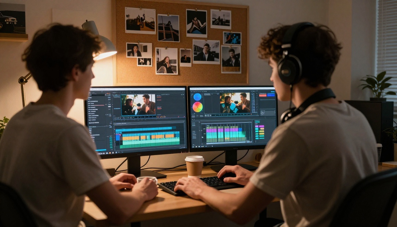 Video editor working late at night, dual monitors displaying a professional editing timeline with multiple clip tracks and color grading tools
