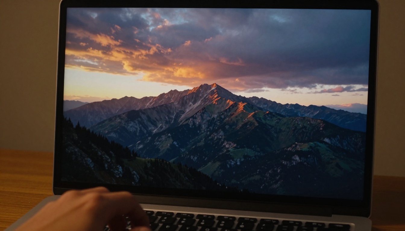 AI workspace monitor displaying photorealistic AI-generated landscape with keyboard in foreground AI workspace monitor displaying photorealistic AI-generated landscape with keyboard in foreground