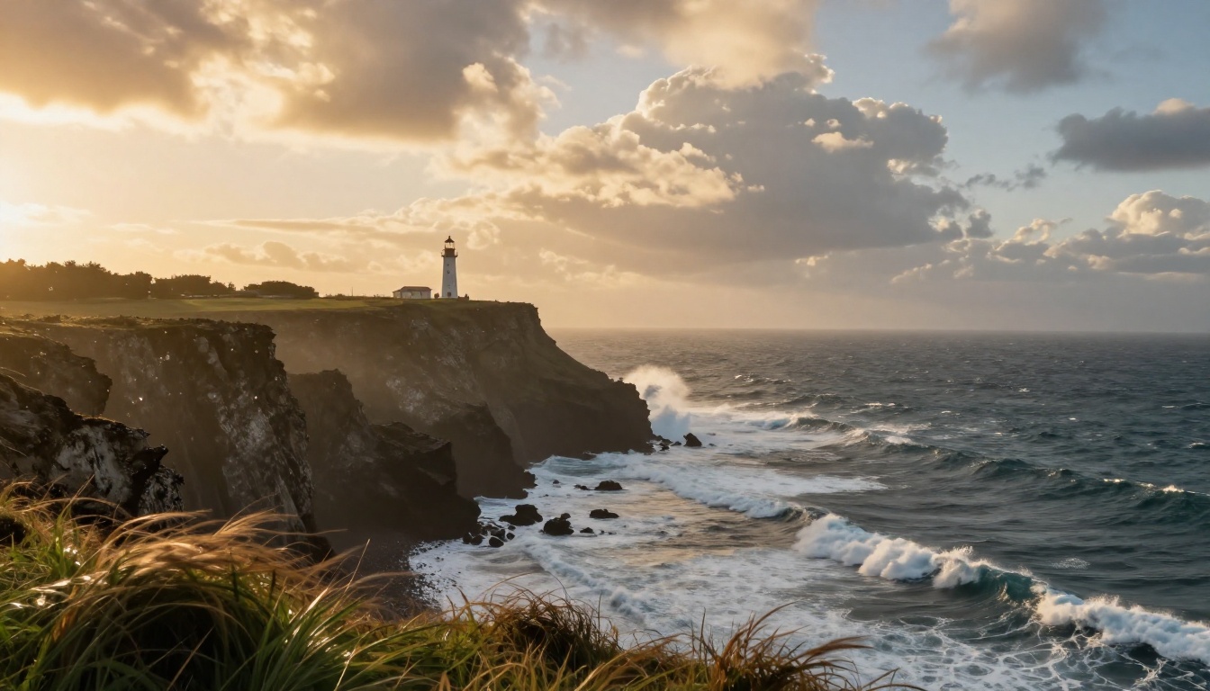 Breathtaking coastal cliff at golden hour, waves crashing below a lone lighthouse, volumetric light rays breaking through dramatic clouds