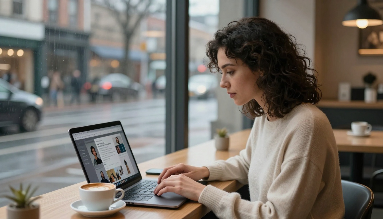A woman typing AI video prompts on a laptop in a modern minimalist coffee shop, rainy city street visible through large windows