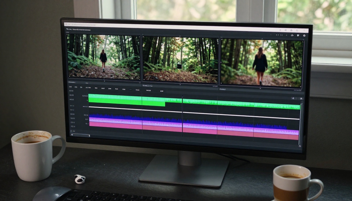 Aerial top-down view of video production timeline on monitor with multiple tracks and waveforms Aerial top-down view of video production timeline on monitor with multiple tracks and waveforms