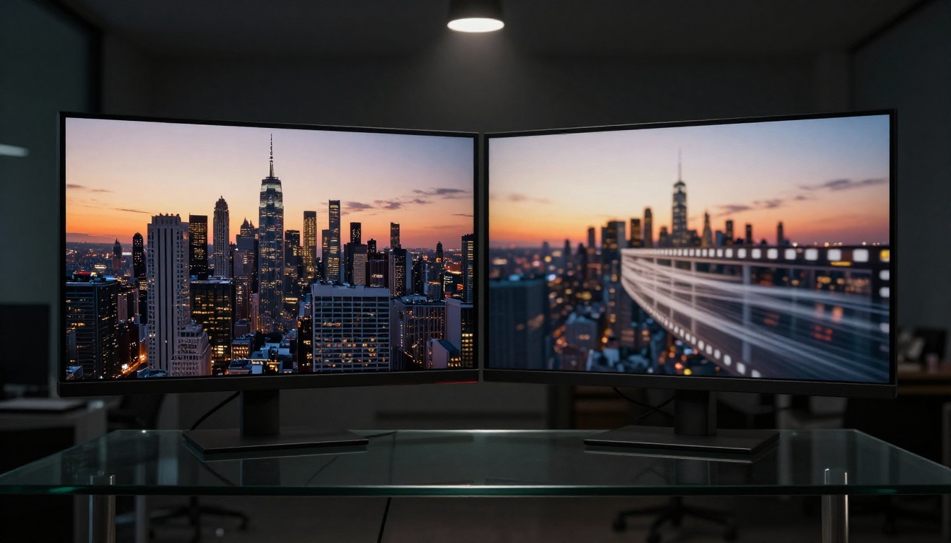 Low-angle view of studio monitor displaying side-by-side AI still image and video filmstrip outputs Low-angle view of studio monitor displaying side-by-side AI still image and video filmstrip outputs