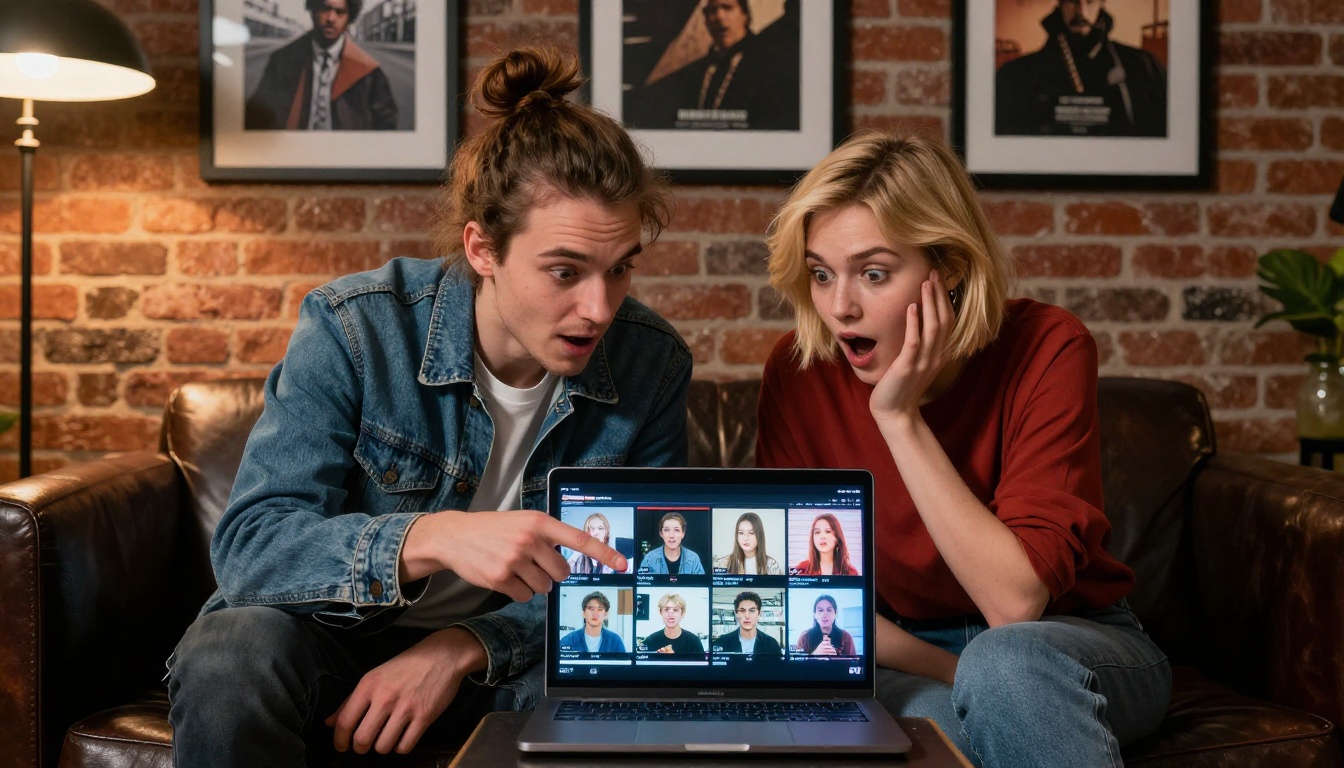 Two filmmakers on a leather couch, excited while comparing AI-generated video panels on a laptop in a creative studio