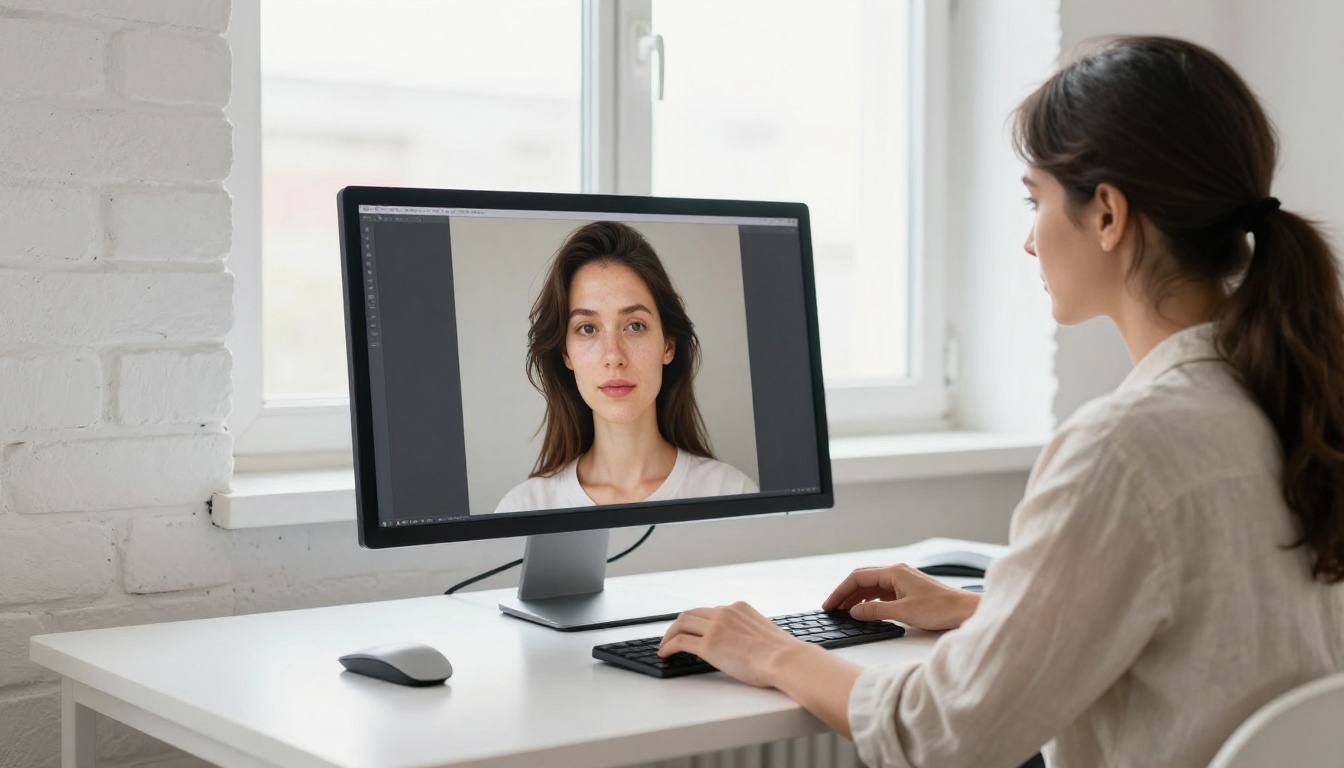 Woman creative director reviewing AI-generated portrait on large monitor in bright studio Woman creative director reviewing AI-generated portrait on large monitor in bright studio