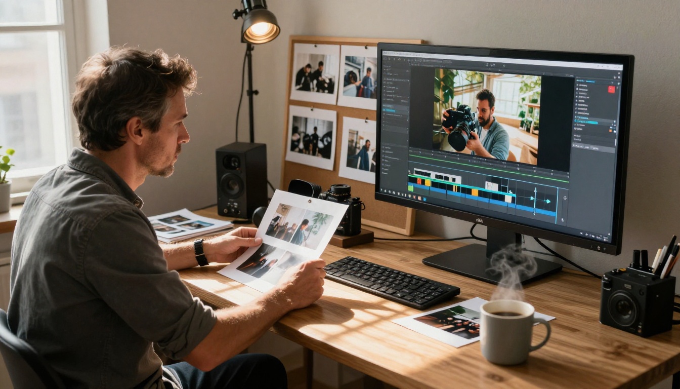 Photographer reviewing photos at studio desk with monitor showing video timeline
