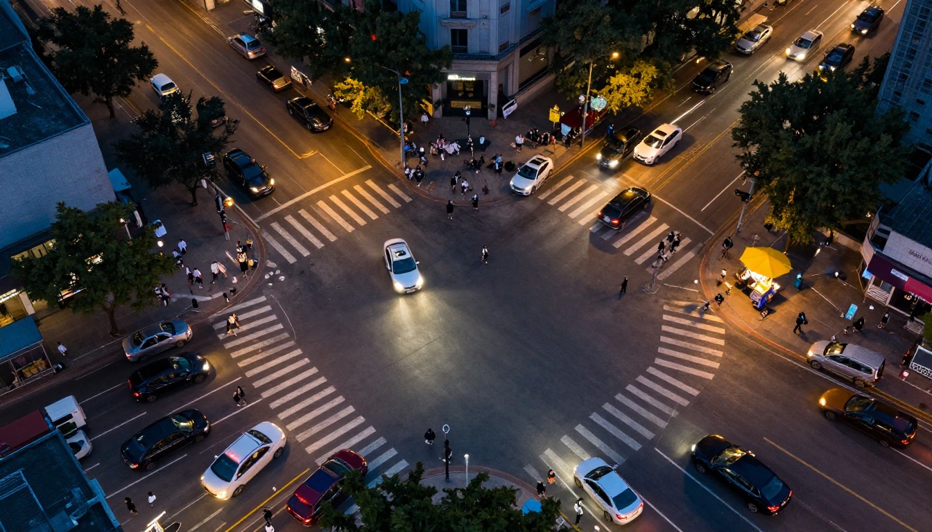 Aerial bird's-eye view of a busy urban intersection at dusk, cars with light trails, pedestrians casting long golden shadows