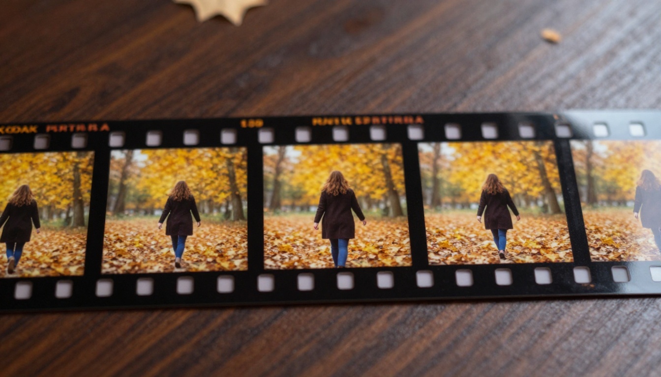 Film strip macro photography showing five sequential frames of woman walking through autumn leaves Film strip macro photography showing five sequential frames of woman walking through autumn leaves