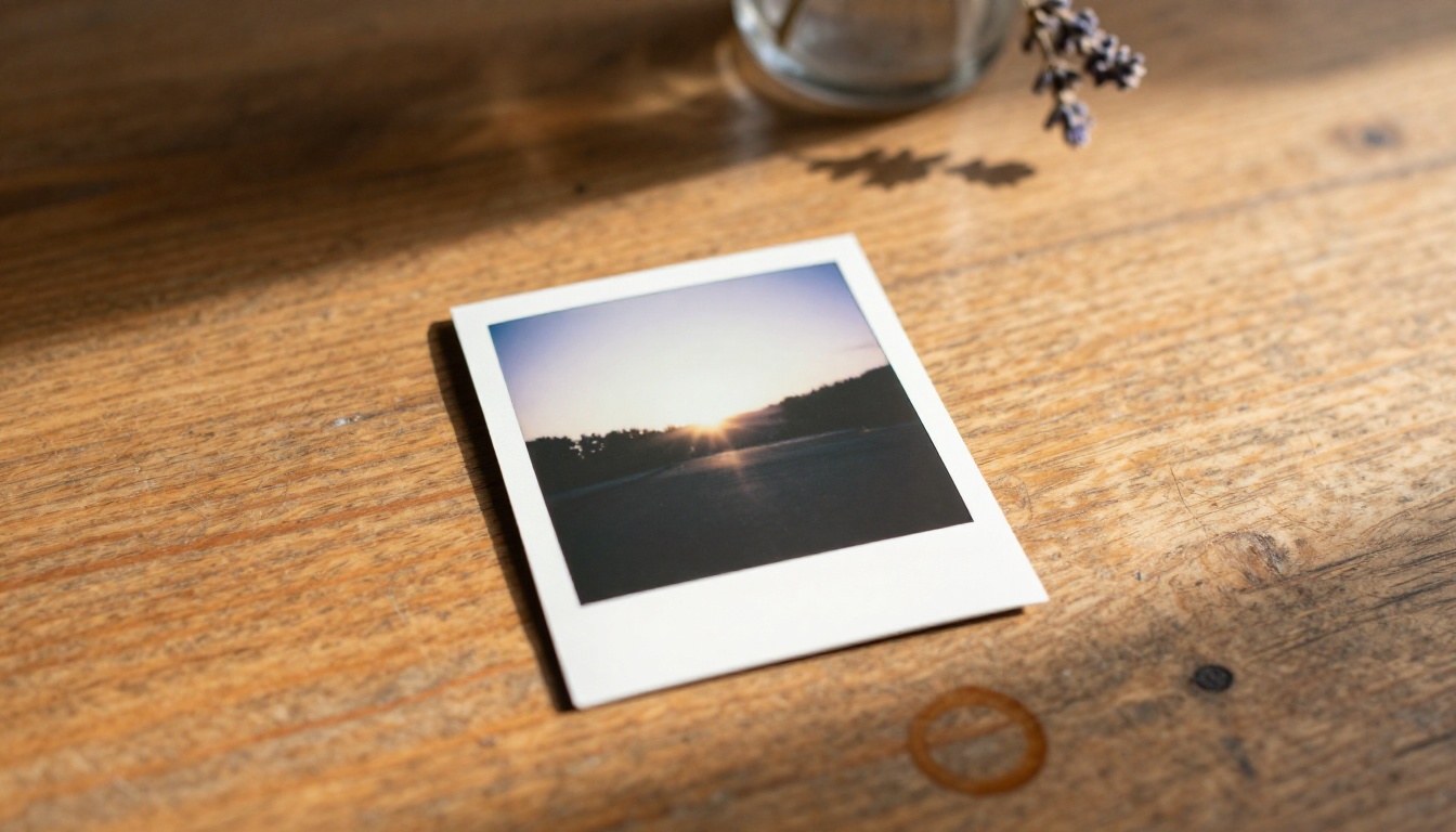 Polaroid photograph on oak table with soft morning light and long shadow