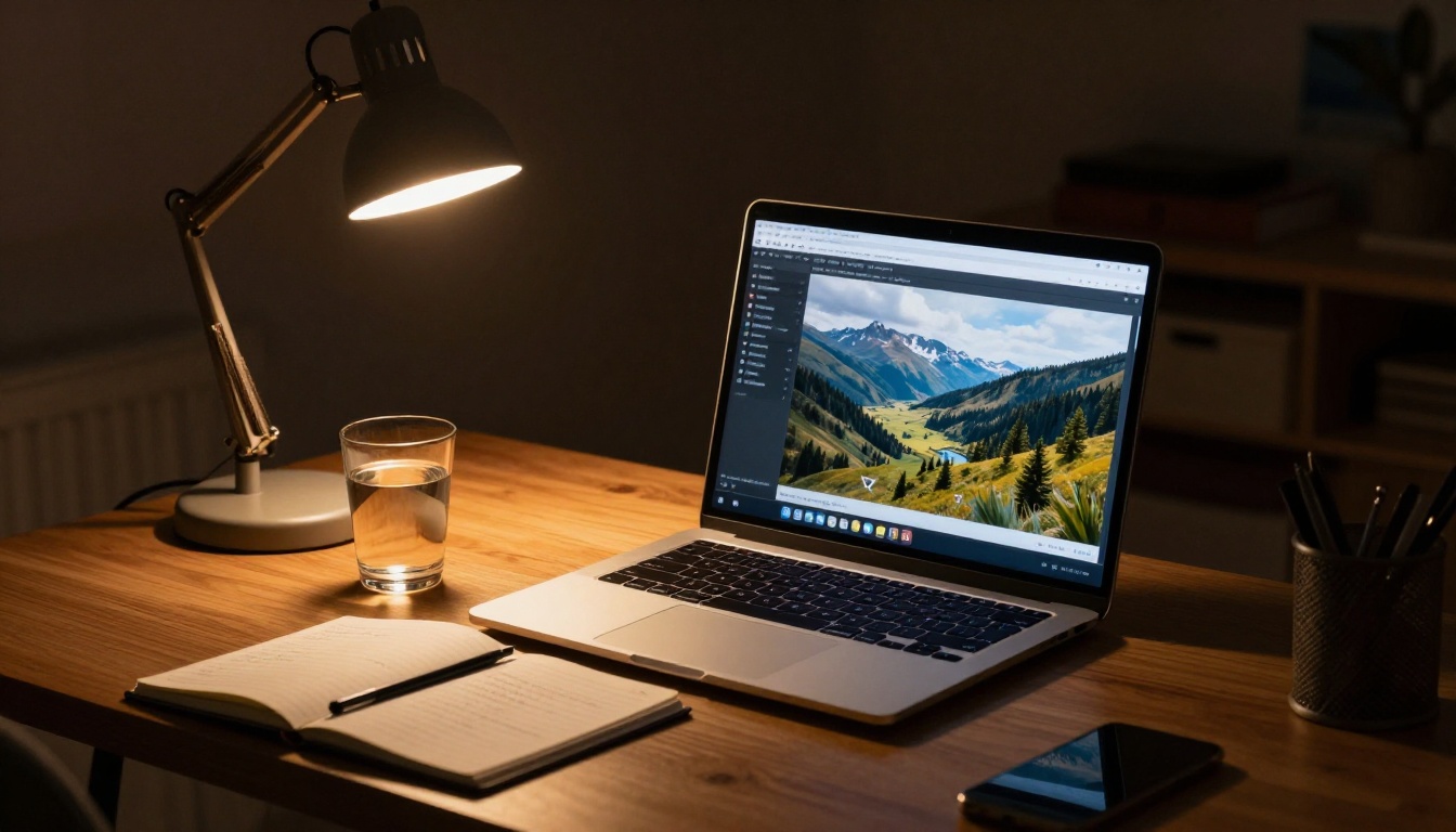 Modern home office at night, laptop screen showing AI image generation interface with landscape result Modern home office at night, laptop screen showing AI image generation interface with landscape result