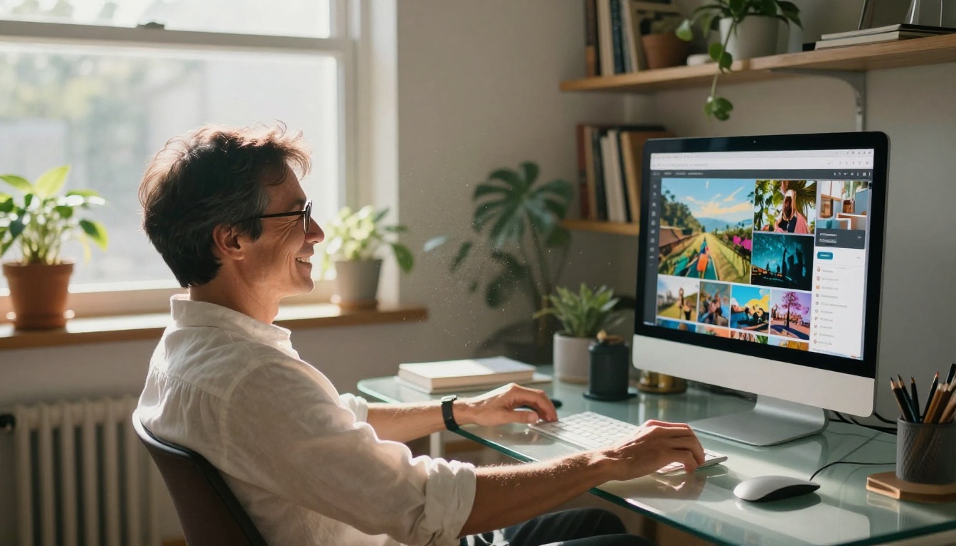 Man smiling at a video portfolio platform on his computer in a sunlit home office, plants on the windowsill, warm natural morning light