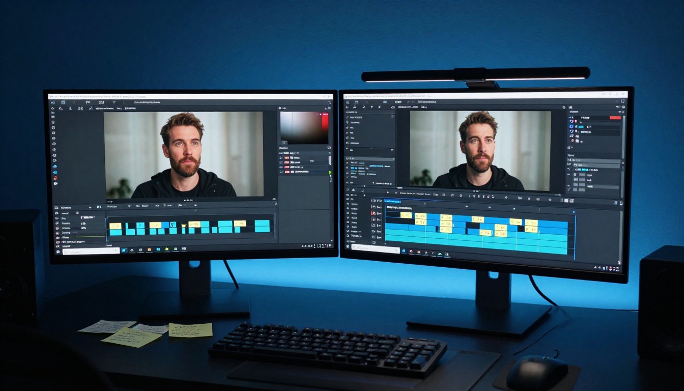 Dual monitor editing studio with portrait photo and video timeline side by side