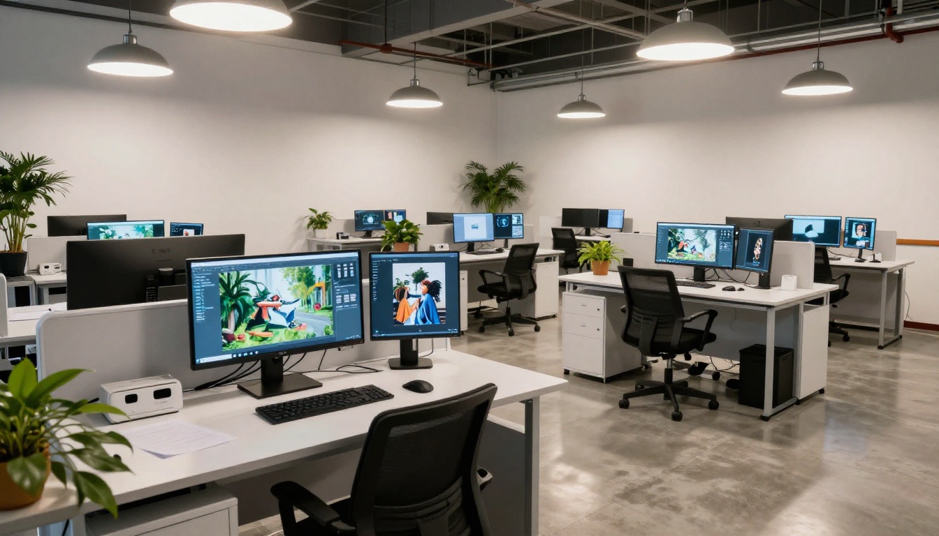 AI research lab interior with multiple workstations and monitors showing different generation stages AI research lab interior with multiple workstations and monitors showing different generation stages