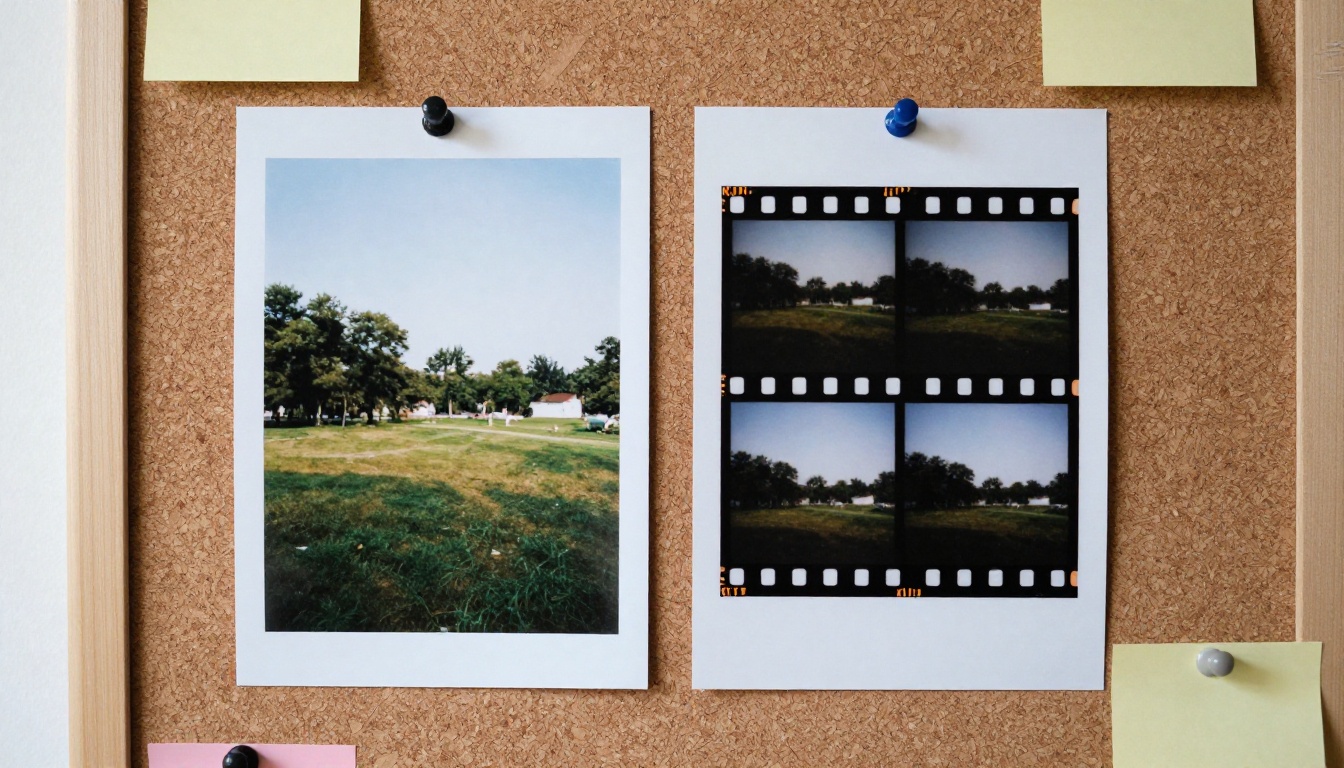 Two printed photographs pinned on cork board, one a crisp landscape still, the other a video filmstrip sequence Two printed photographs pinned on cork board, one a crisp landscape still, the other a video filmstrip sequence
