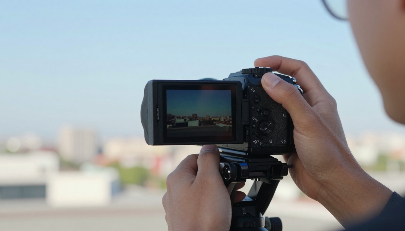 Videographer reviewing photorealistic frame on cinema camera LCD screen on rooftop with city skyline bokeh Videographer reviewing photorealistic frame on cinema camera LCD screen on rooftop with city skyline bokeh