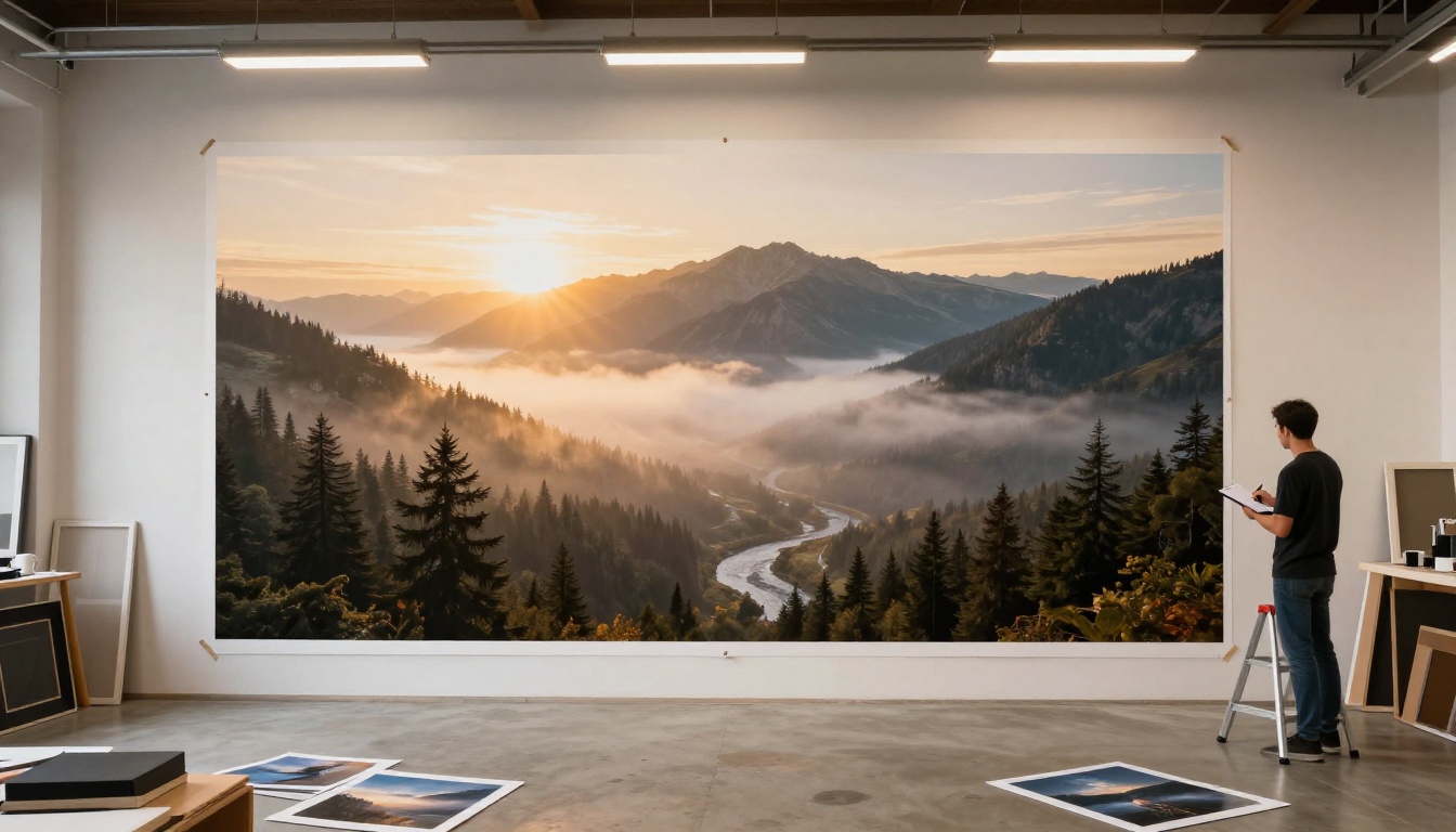 Large landscape photograph print on studio wall with creative director taking notes