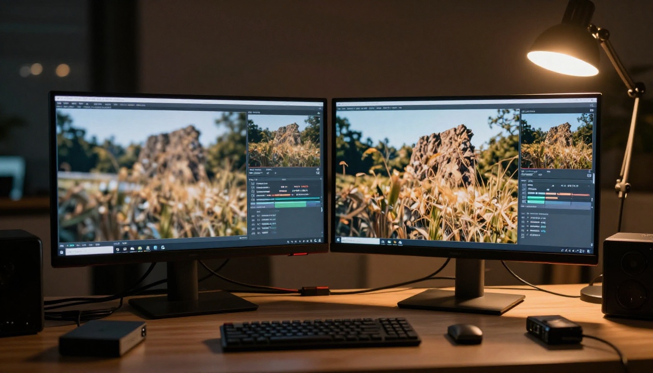Two monitors side by side showing AI video quality comparison Two monitors side by side showing AI video quality comparison