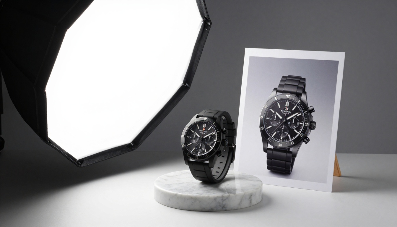 Luxury watch product photography studio setup with printed photo beside watch on marble