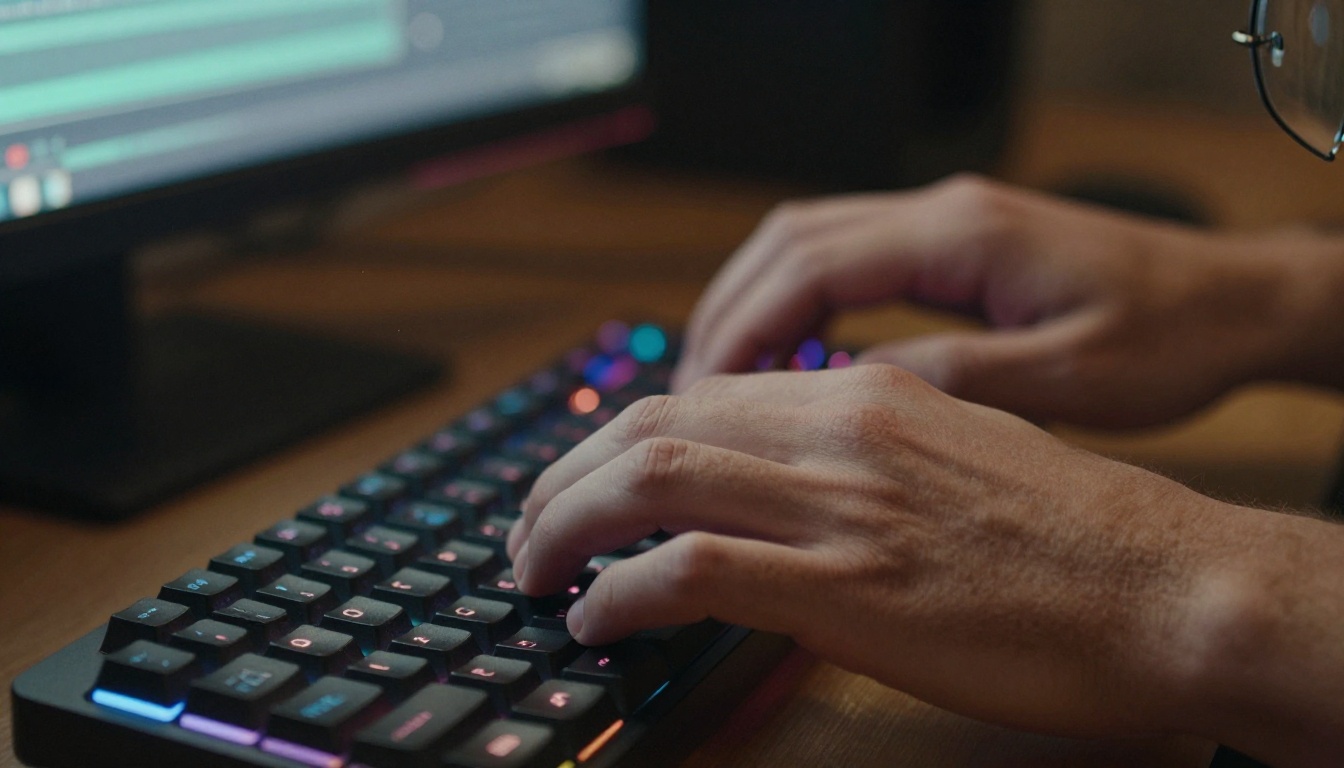 Close-up of hands typing on keyboard during active AI video generation Close-up of hands typing on keyboard during active AI video generation