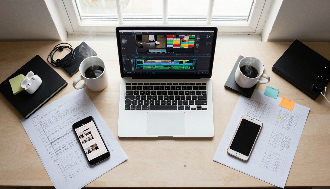 Overhead flat-lay of a creative video production workspace Overhead flat-lay of a creative video production workspace