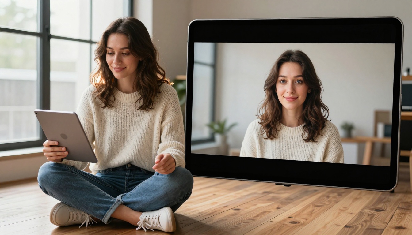 Creative professional woman sitting on studio floor reviewing split-screen photo and video on tablet