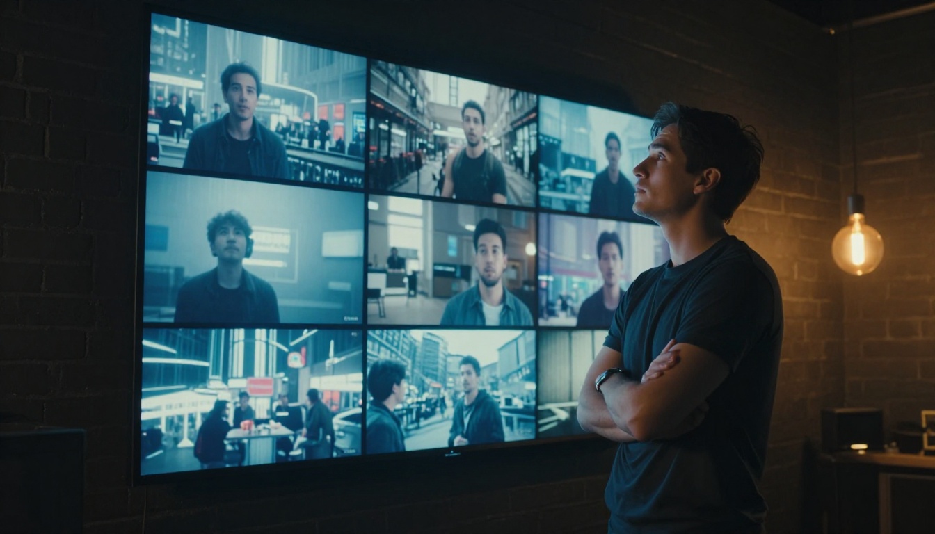 Video creator evaluating AI-generated content on large wall-mounted display Video creator evaluating AI-generated content on large wall-mounted display