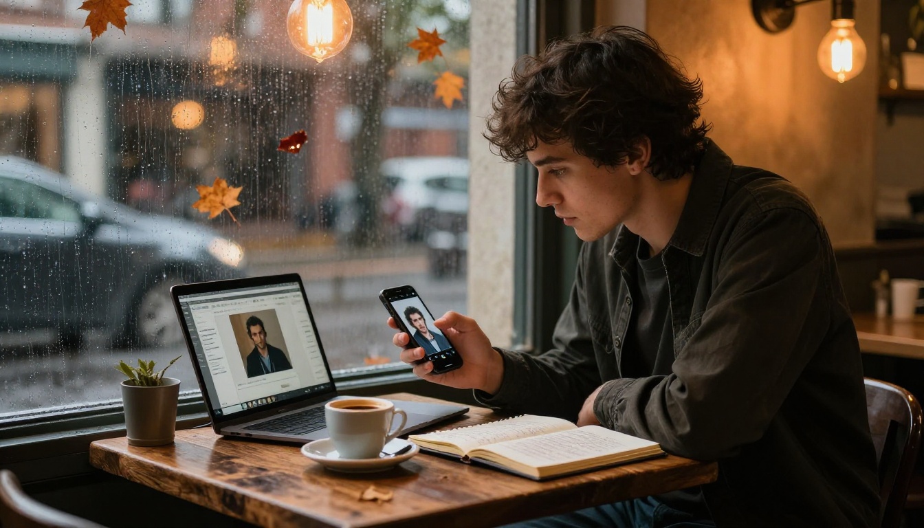 Young man in warm coffee shop using smartphone and laptop to create AI video from photo