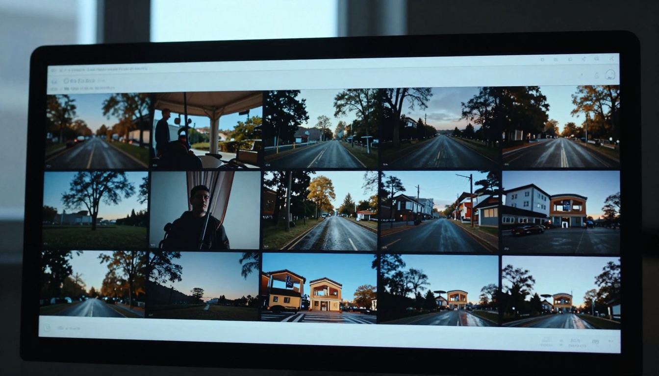High-resolution AI video filmstrip thumbnails displayed on a studio monitor High-resolution AI video filmstrip thumbnails displayed on a studio monitor