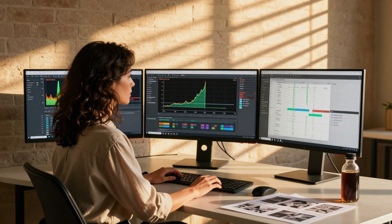Creative director reviewing AI video dashboards at dual-monitor workstation Creative director reviewing AI video dashboards at dual-monitor workstation