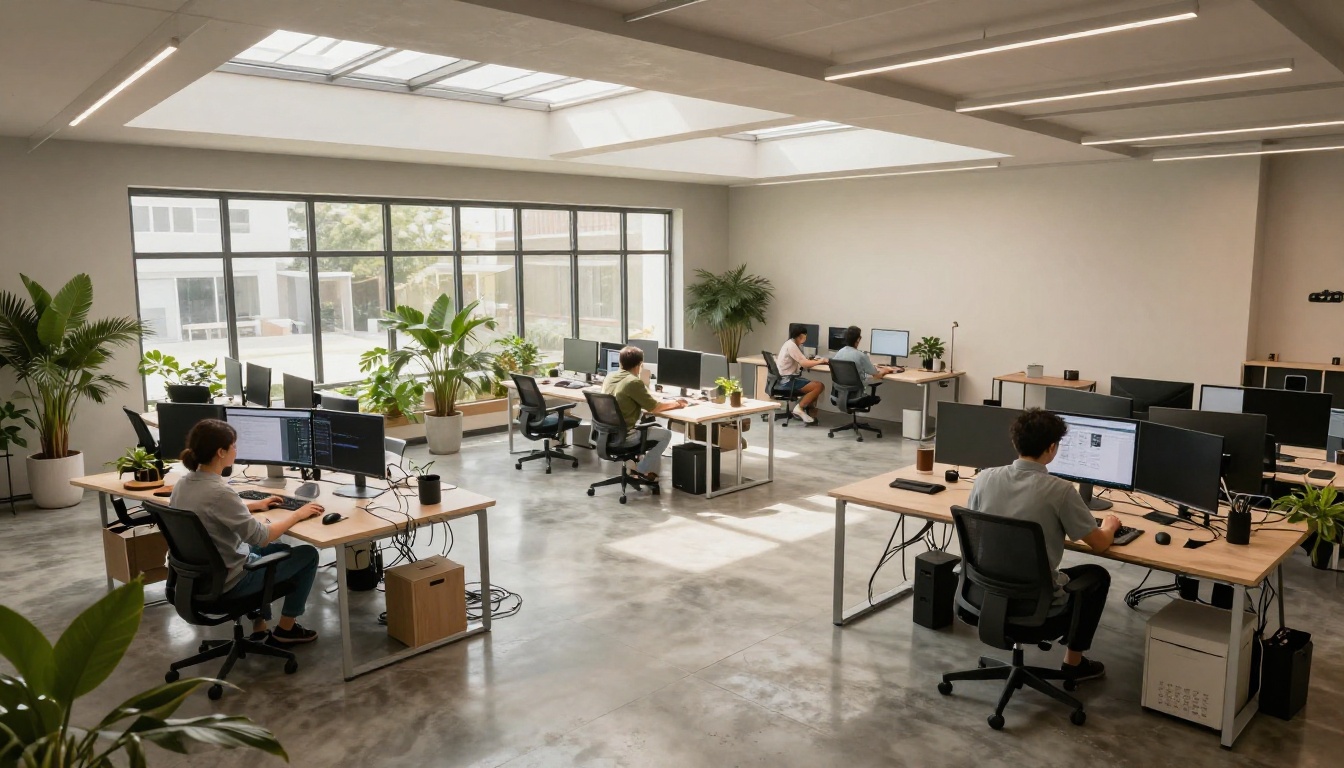 Open creative studio floor with multiple AI video production workstations Open creative studio floor with multiple AI video production workstations