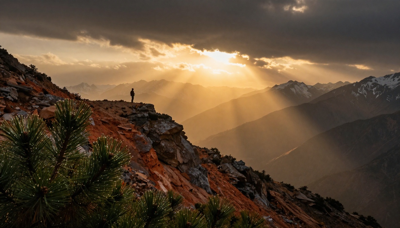Cinematic low-angle shot of a sweeping mountain valley at golden hour with volumetric light beams and a lone silhouette on the ridge