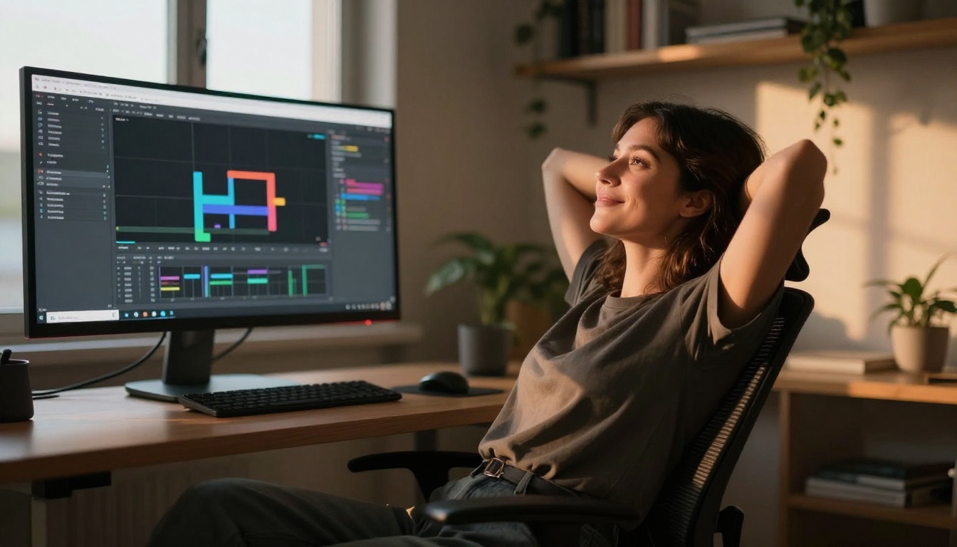 Satisfied content creator leaning back after completing AI video project Satisfied content creator leaning back after completing AI video project