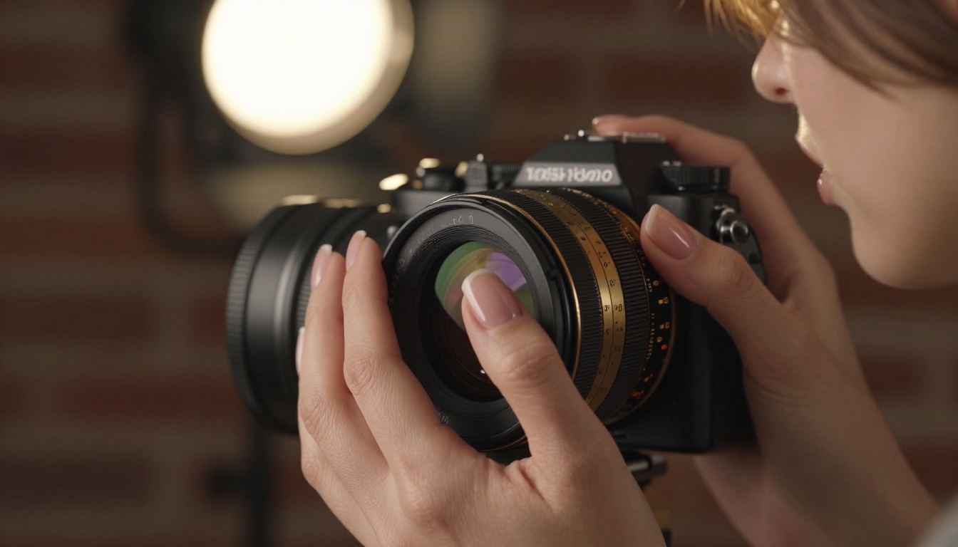 Close-up macro shot of a woman's hands precisely adjusting a professional cinema camera lens in a dimly lit studio, brass lens barrel with engraved markings
