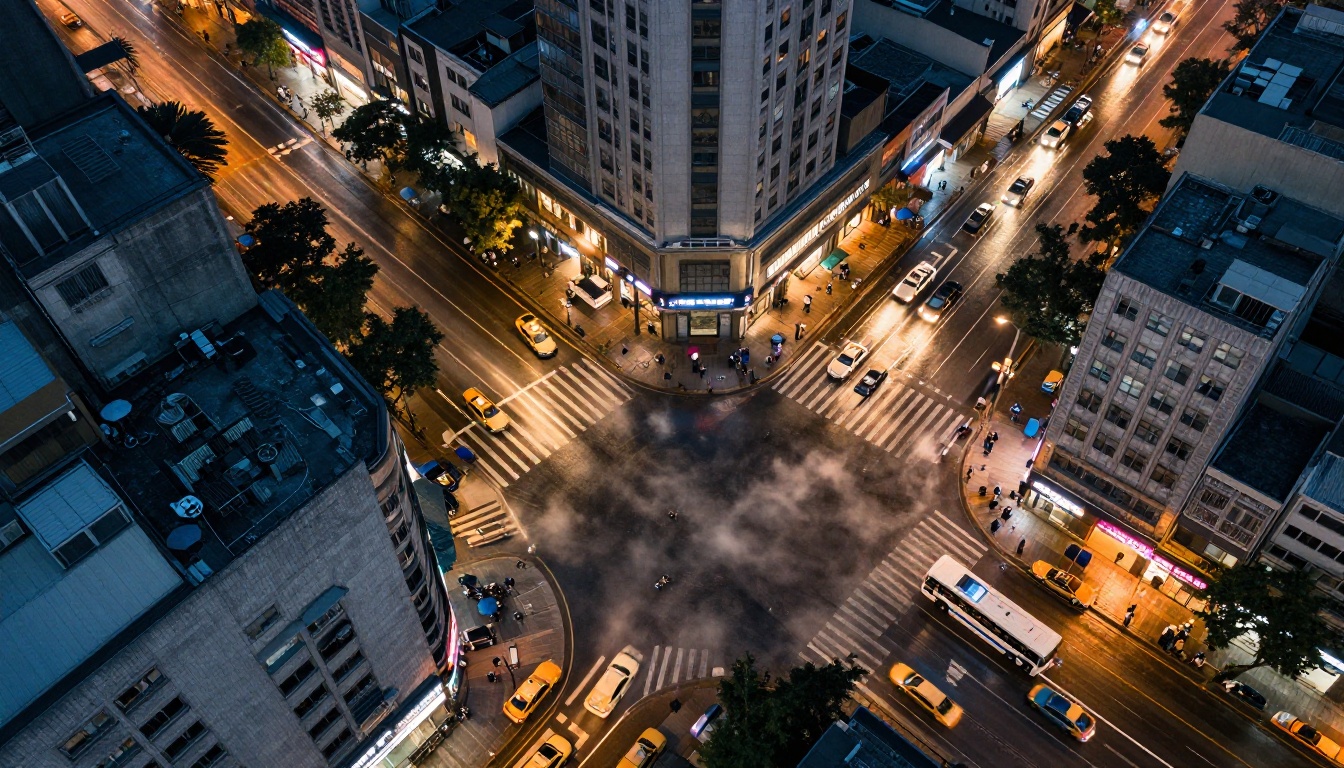 Aerial drone shot looking straight down on a dense urban intersection at blue hour, taxi cabs leaving light trails on wet asphalt reflecting neon storefronts