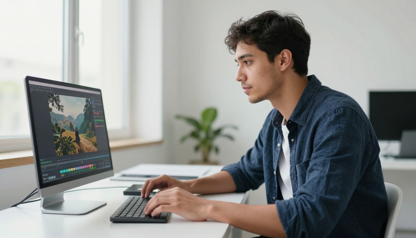 A young creative professional sitting at a clean desk reviewing cinematic video playback on a large monitor, natural daylight from the left window