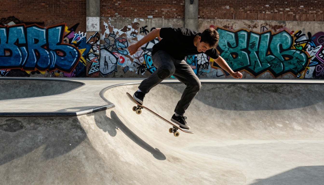 A skateboarder mid-trick in a concrete urban skatepark with motion blur on wheels and sharp expression, harsh overhead sunlight creating dramatic shadows