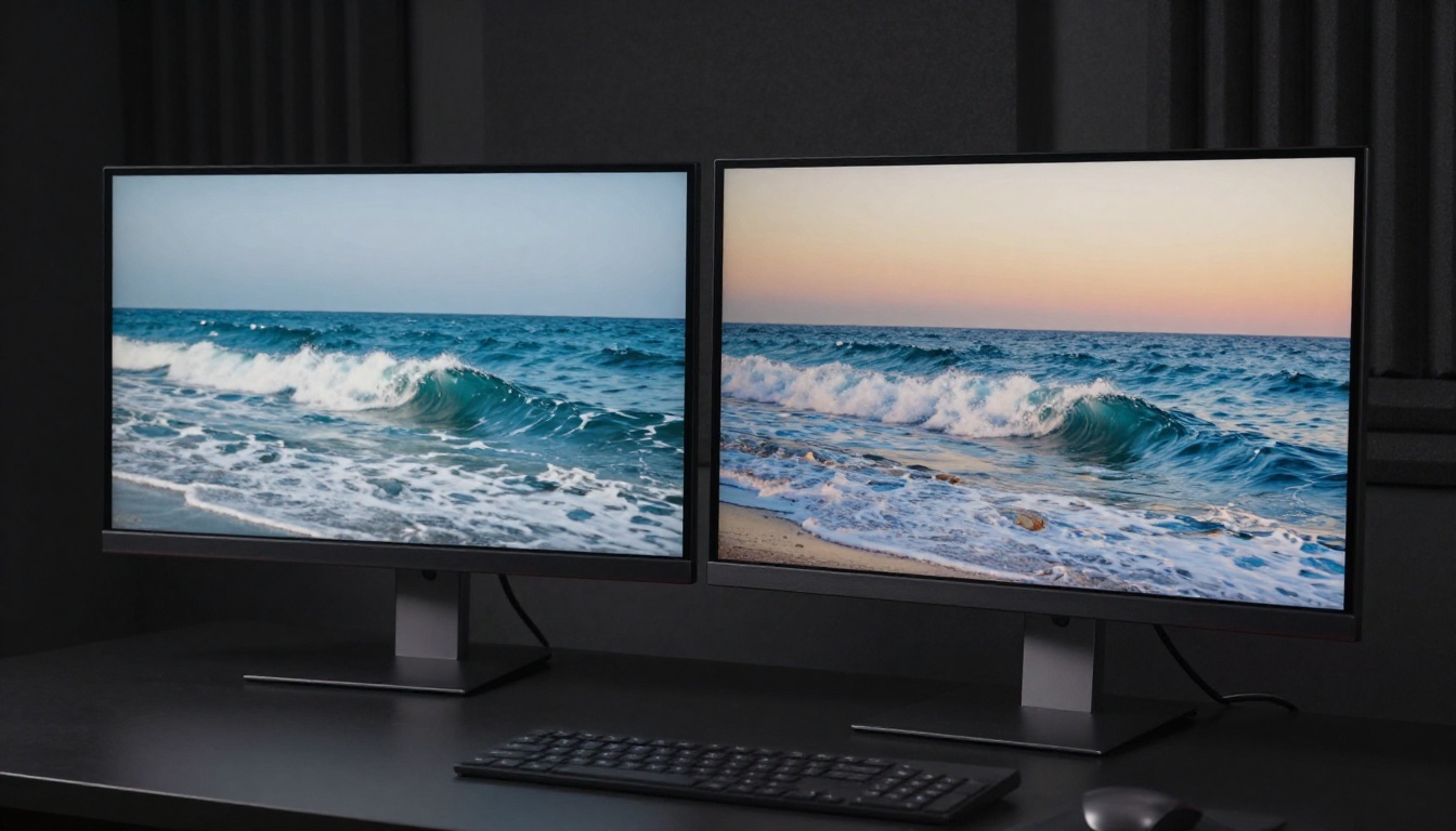 Two professional monitors side by side on a dark studio desk, left screen showing a blurred video frame of ocean waves, right showing the same scene with dramatically sharper detail