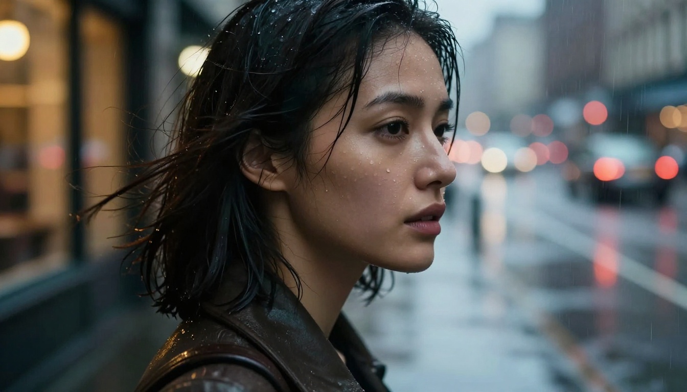 A woman walking through a rain-soaked city street at night, rain droplets catching light on her face, warm amber restaurant window glow behind her