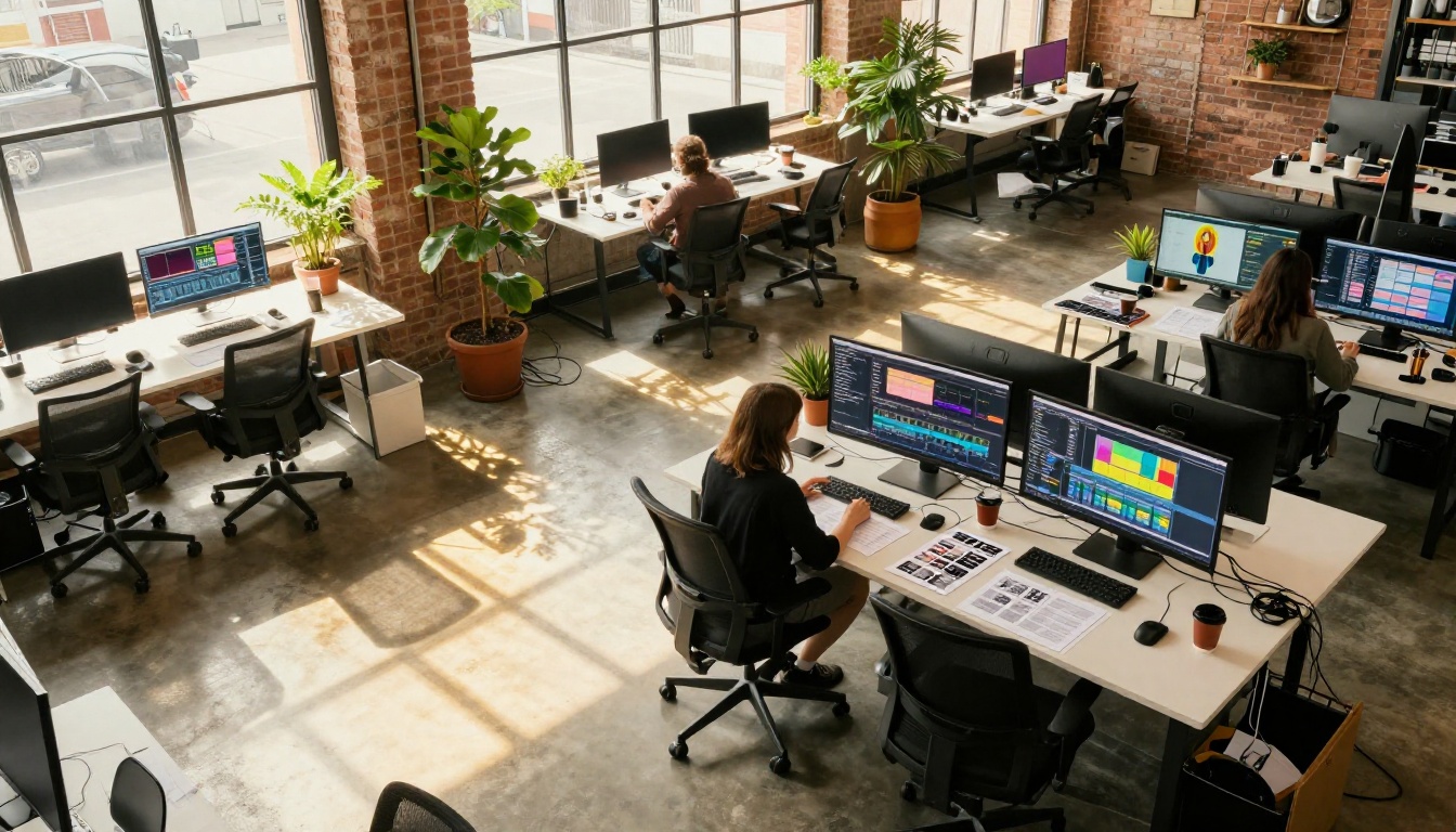 Overhead bird's eye view of an open-plan creative studio with multiple designers at curved desks with dual monitors, golden afternoon light through industrial windows