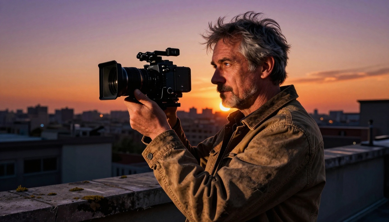 A dramatic low-angle portrait of a male filmmaker on a rooftop at sunset, silhouetted against orange and purple sky with a cinema camera