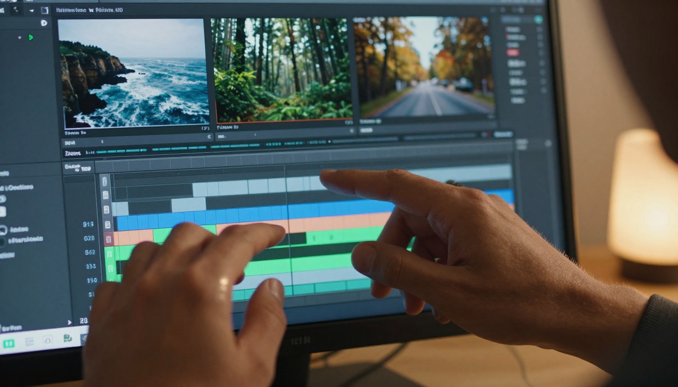 AI video editing timeline with hands adjusting tracks AI video editing timeline with hands adjusting tracks