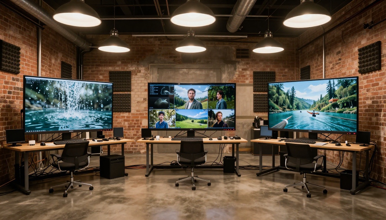 Professional video production studio with three workstations Professional video production studio with three workstations