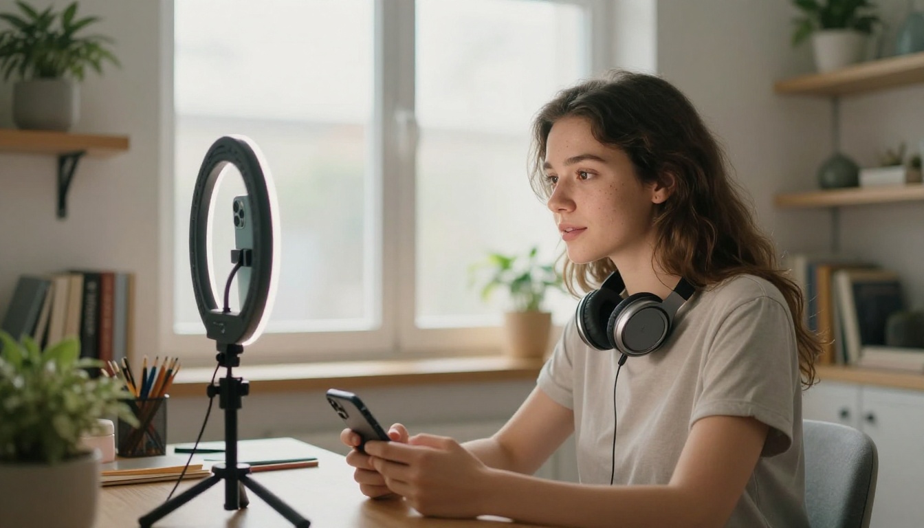 Young woman content creator recording at home studio setup Young woman content creator recording at home studio setup