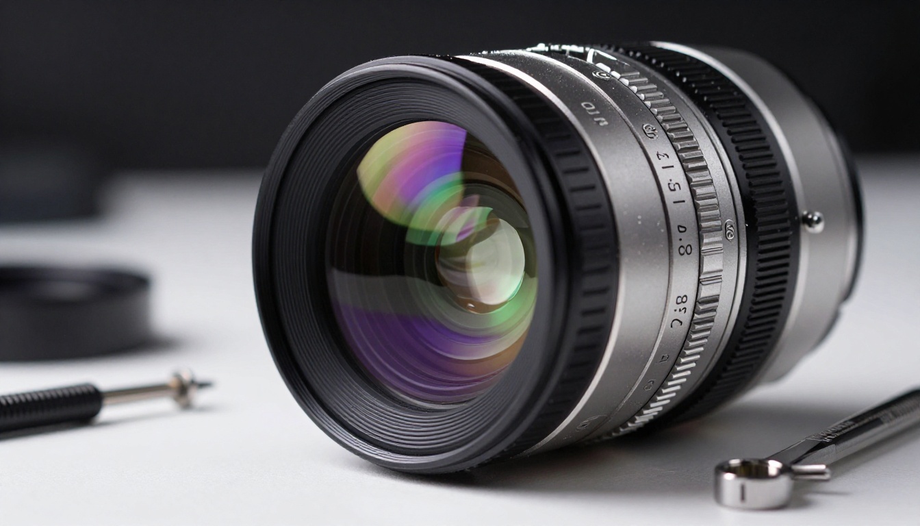 Cinematic camera lens components on studio workbench Cinematic camera lens components on studio workbench